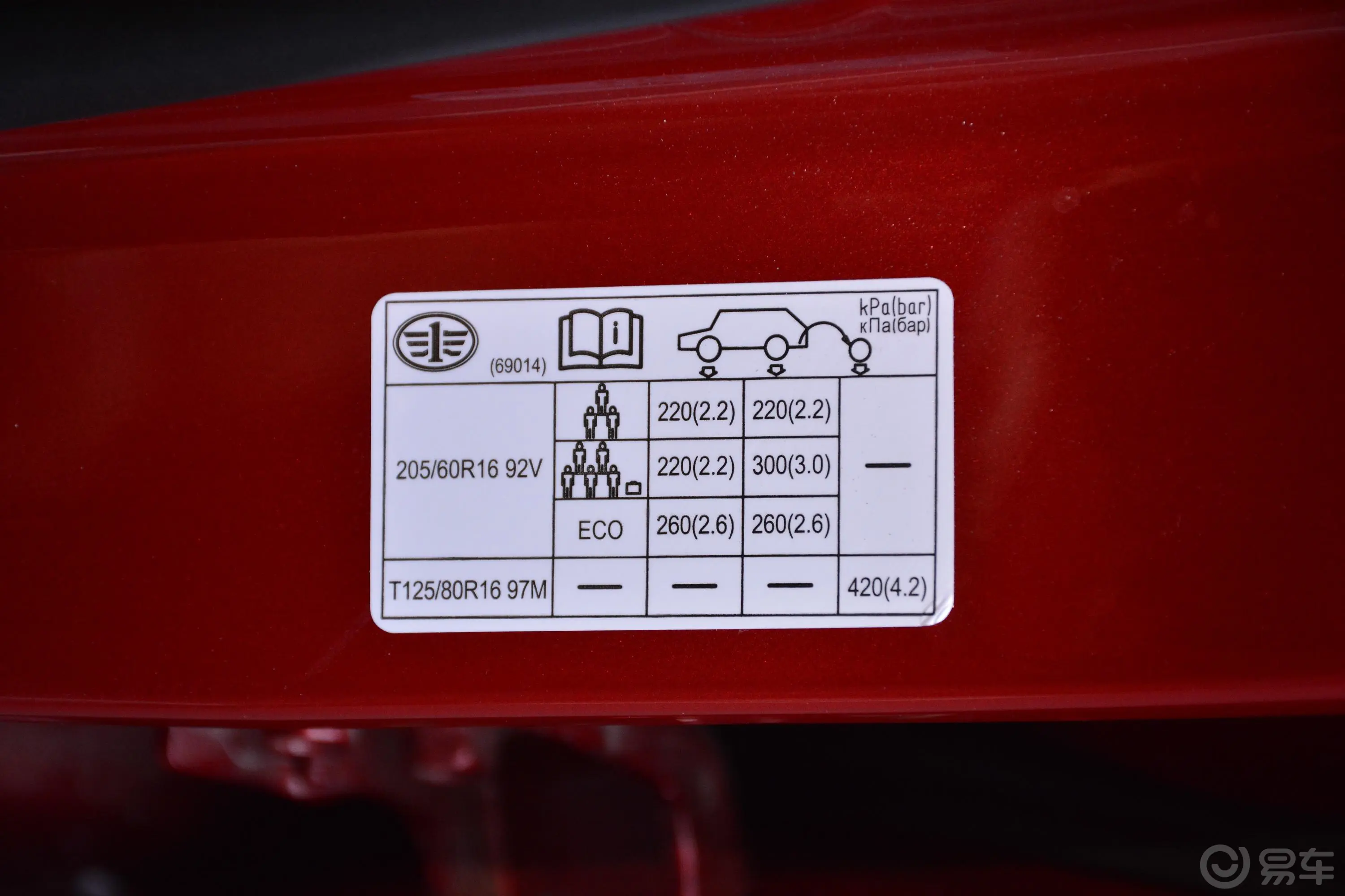 奔腾B501.4T 手自一体 20周年纪念版胎压信息铭牌