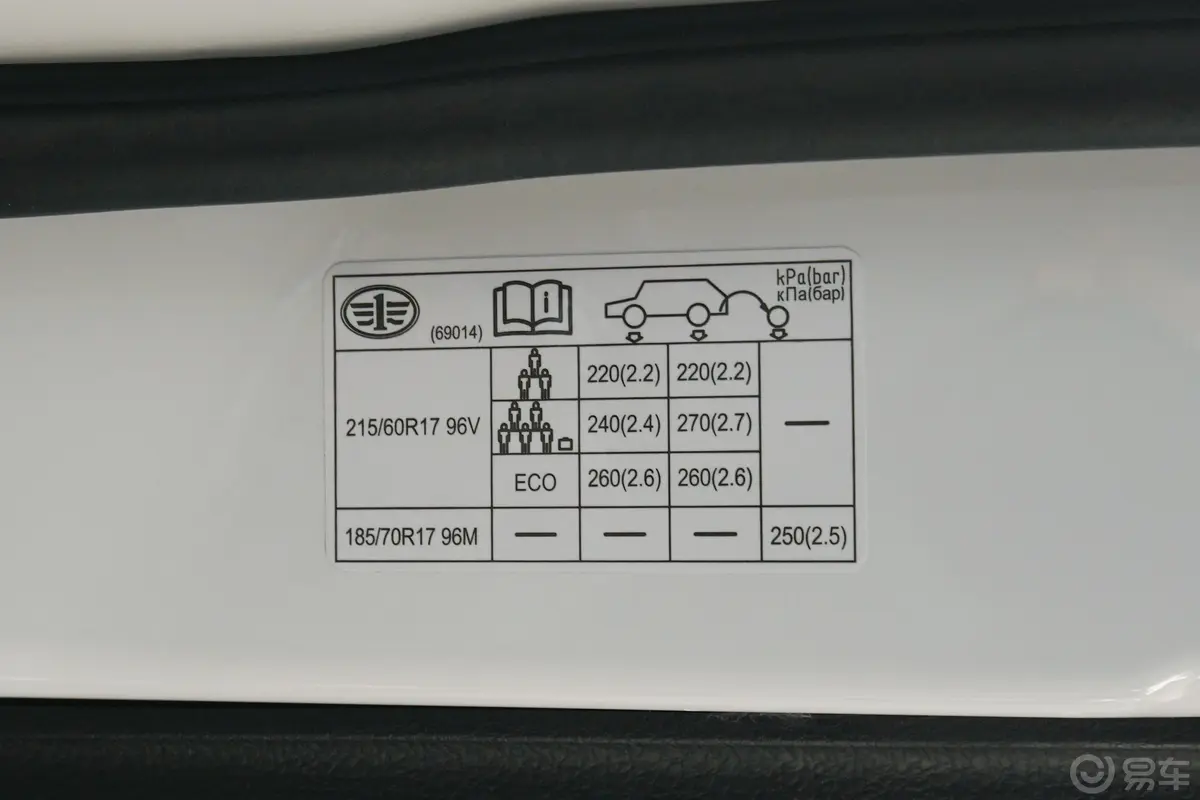 奔腾X80Live版 2.0L 手自一体 舒适版胎压信息铭牌