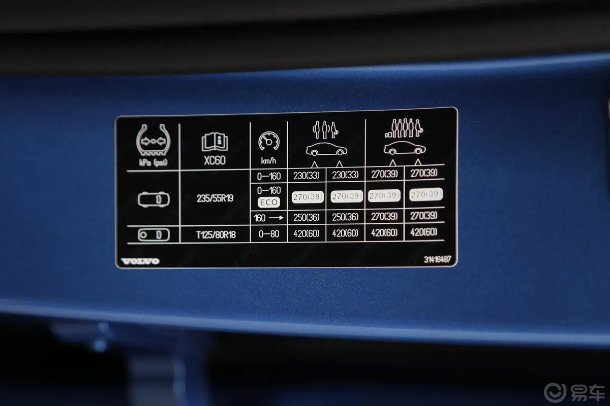 沃尔沃XC60T5 四驱 智远运动版胎压信息铭牌