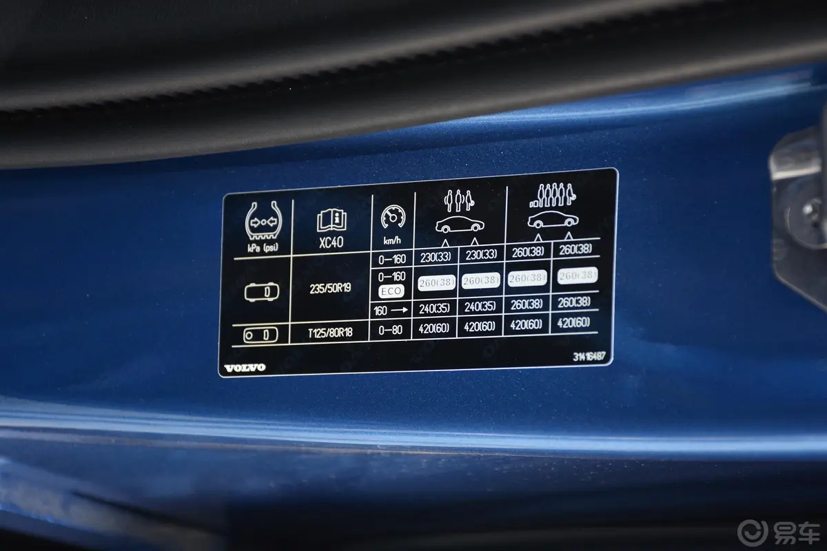 沃尔沃XC40T4 四驱 智雅运动版胎压信息铭牌