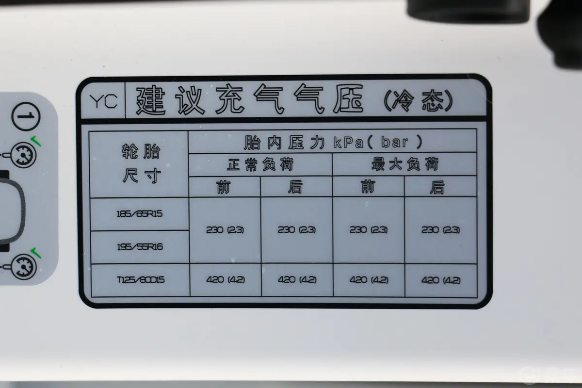 悦纳1.4L CVT 炫酷版GLS胎压信息铭牌