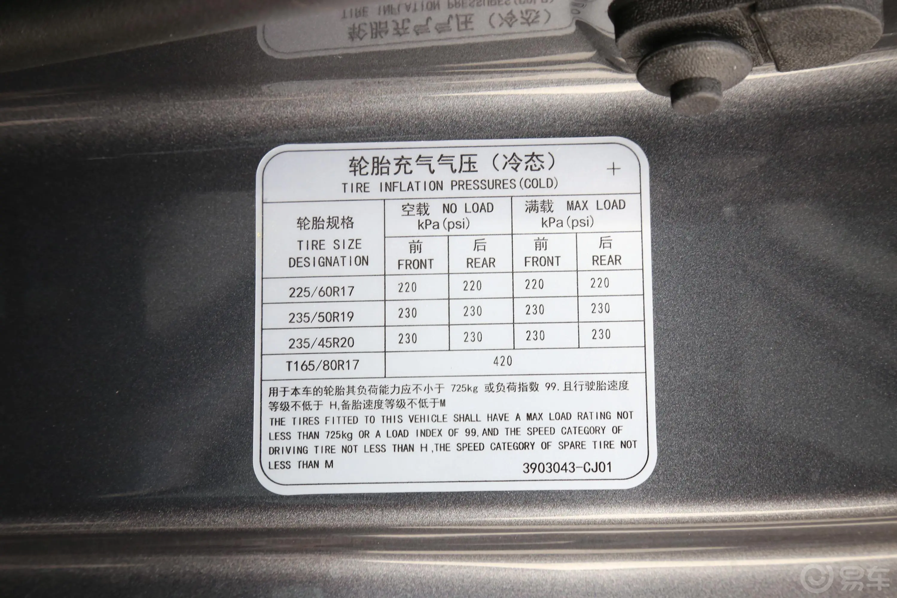 长安欧尚X71.5T 手动 豪华型胎压信息铭牌