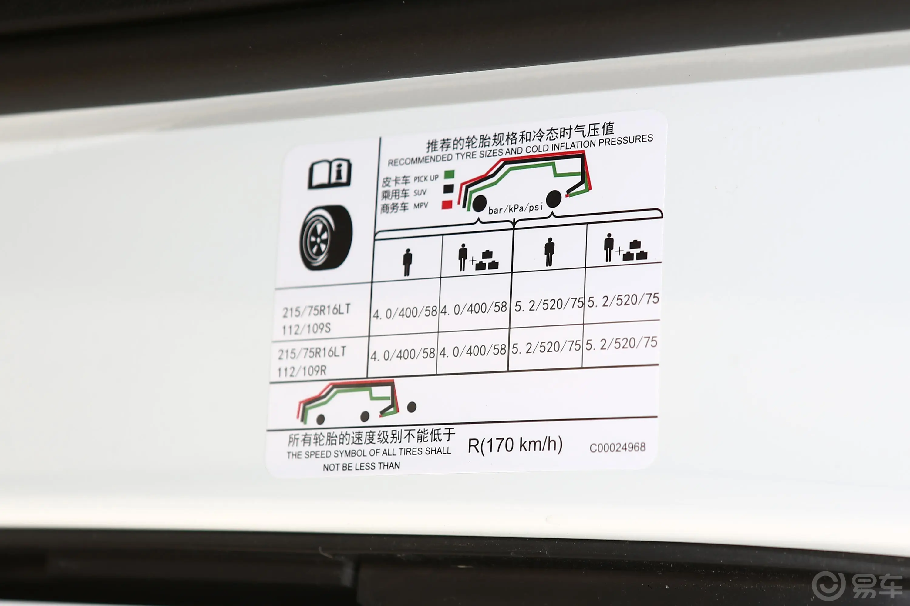 新途V90VAN 2.0T 手动 前驱后单胎 长轴高顶 3座胎压信息铭牌