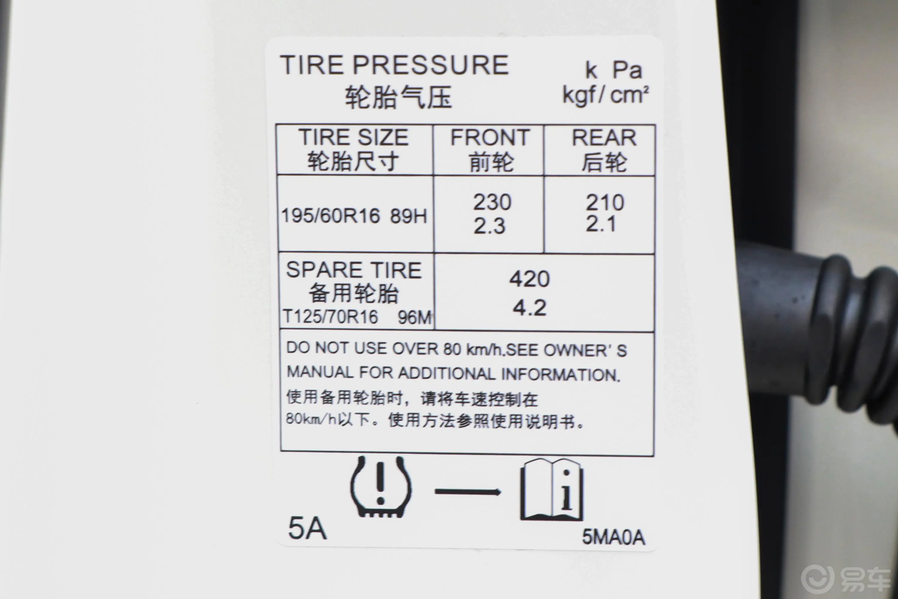 骐达1.6L CVT智行版胎压信息铭牌