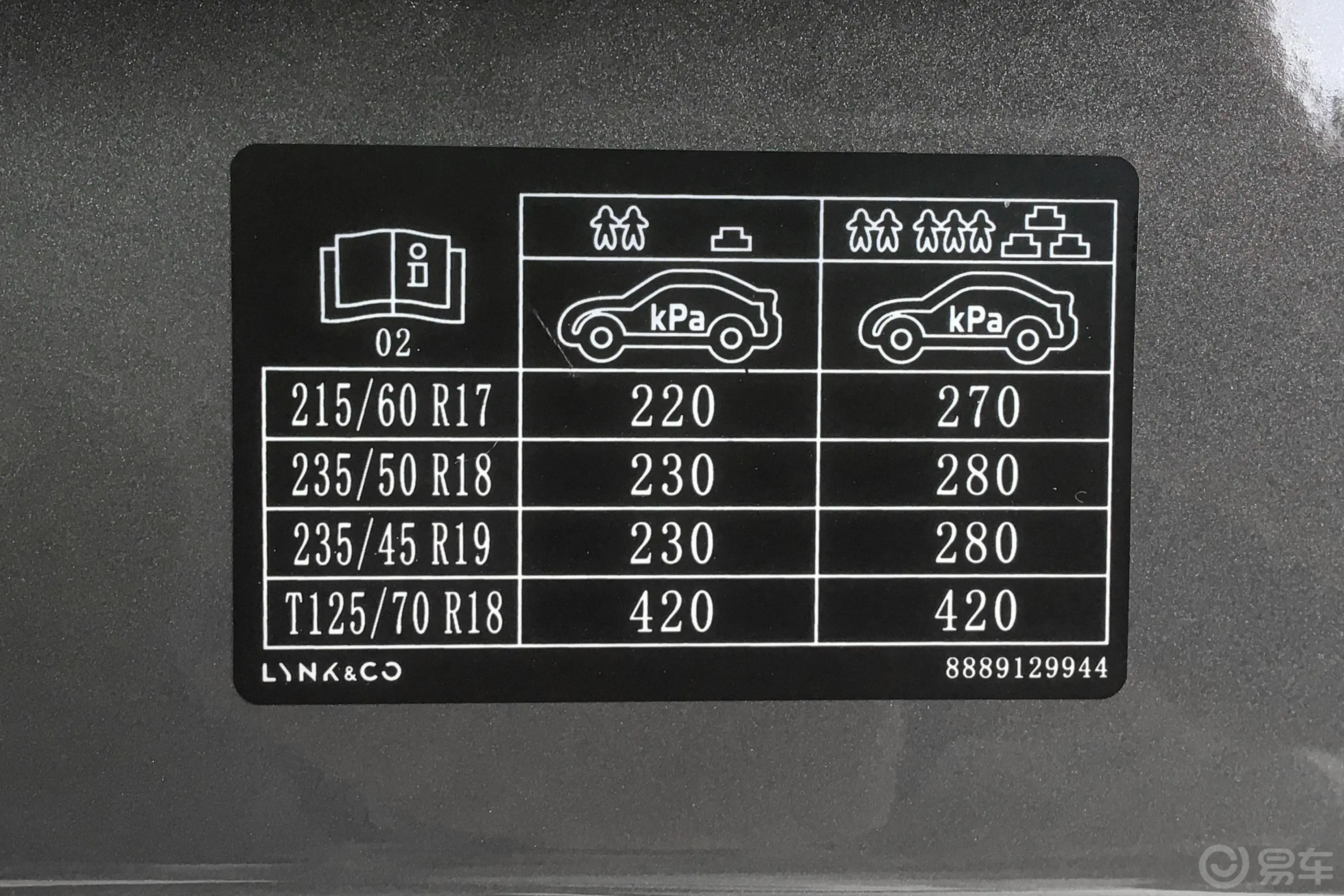 领克021.5T 双离合 两驱 劲Plus胎压信息铭牌