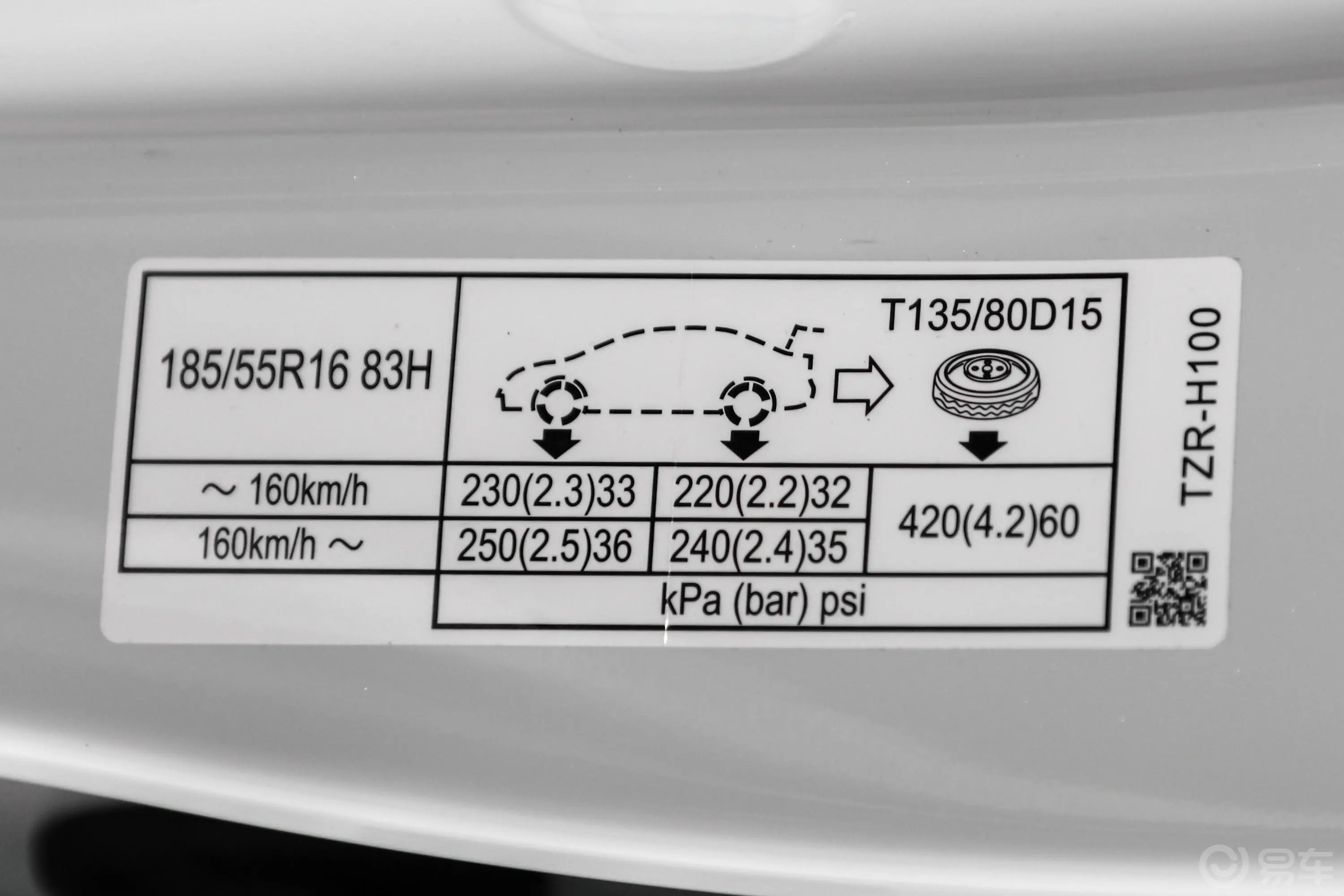 LIFE1.5L CVT SPORT 心动版胎压信息铭牌