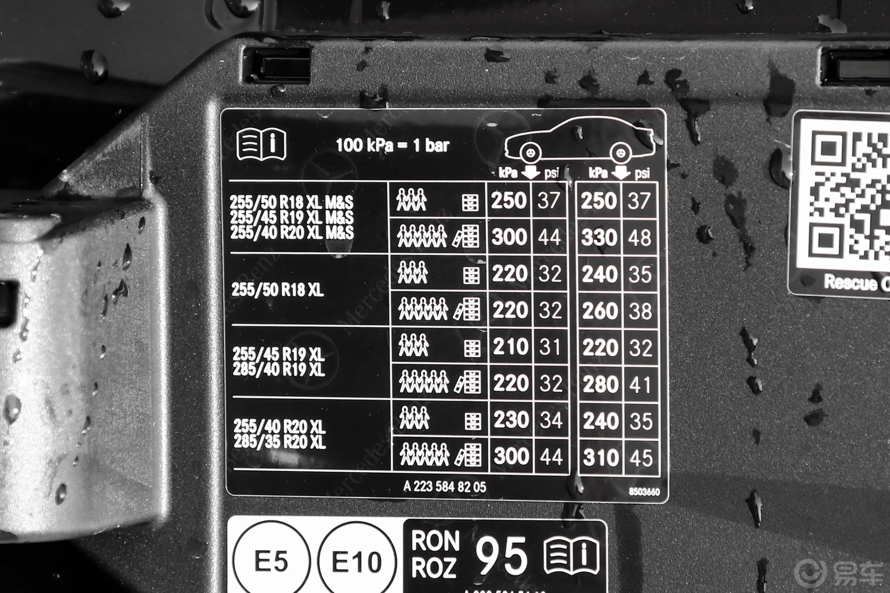 奔驰S级S 450 L 4MATIC胎压信息铭牌