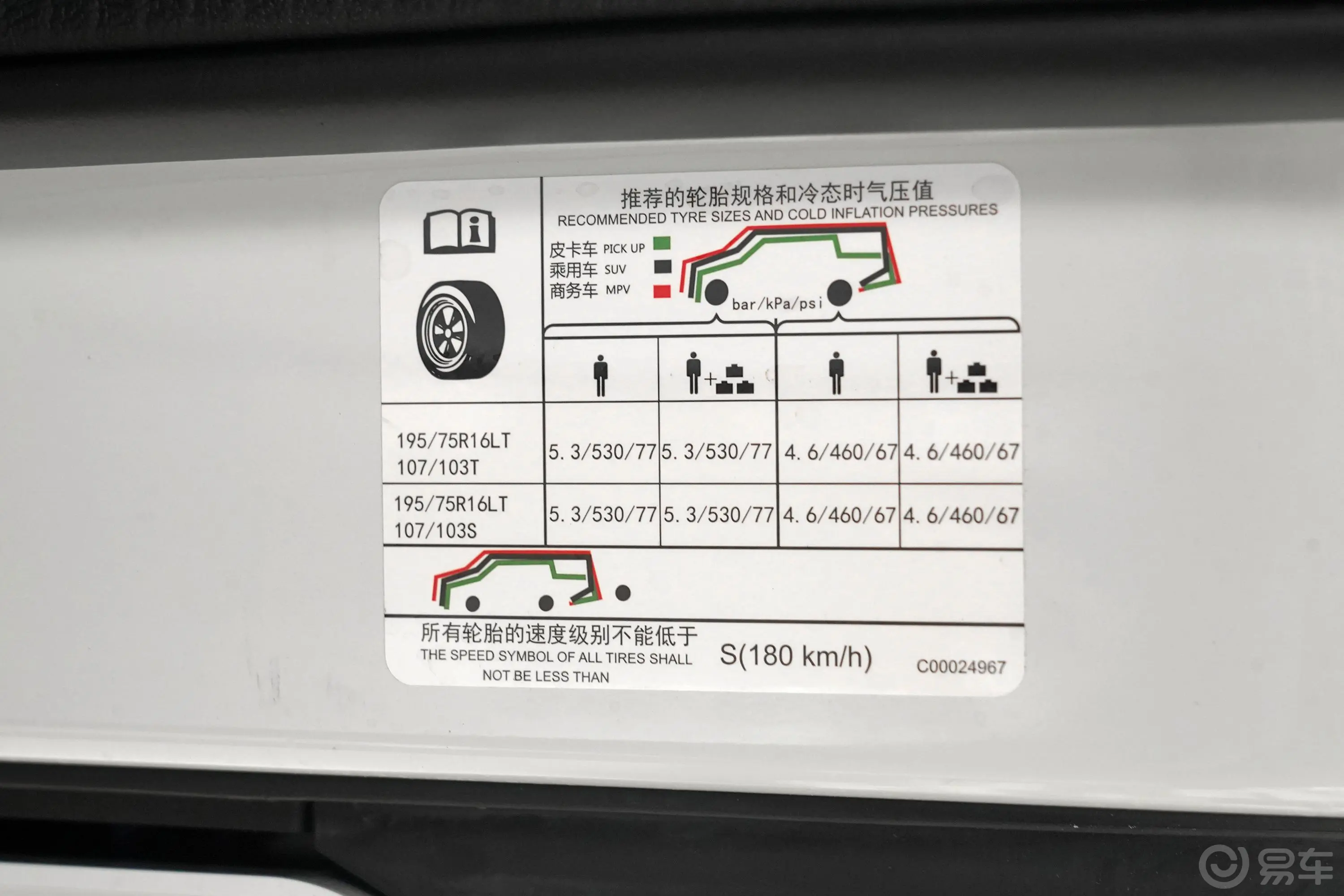 上汽大通MAXUS V90房车旅行家V90 2.0T 自动 纵床豪华版胎压信息铭牌