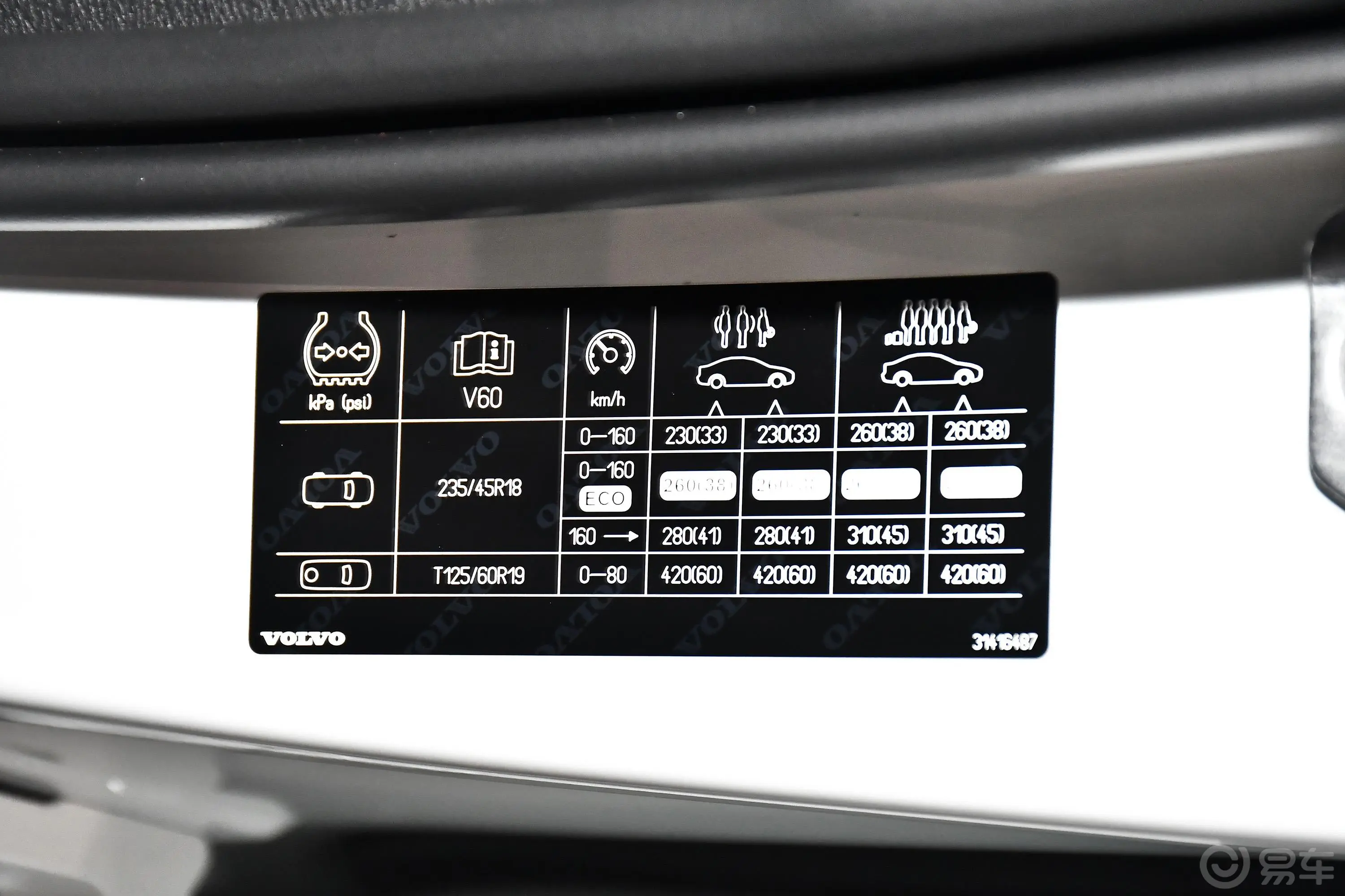 沃尔沃V60B5 智远运动版胎压信息铭牌