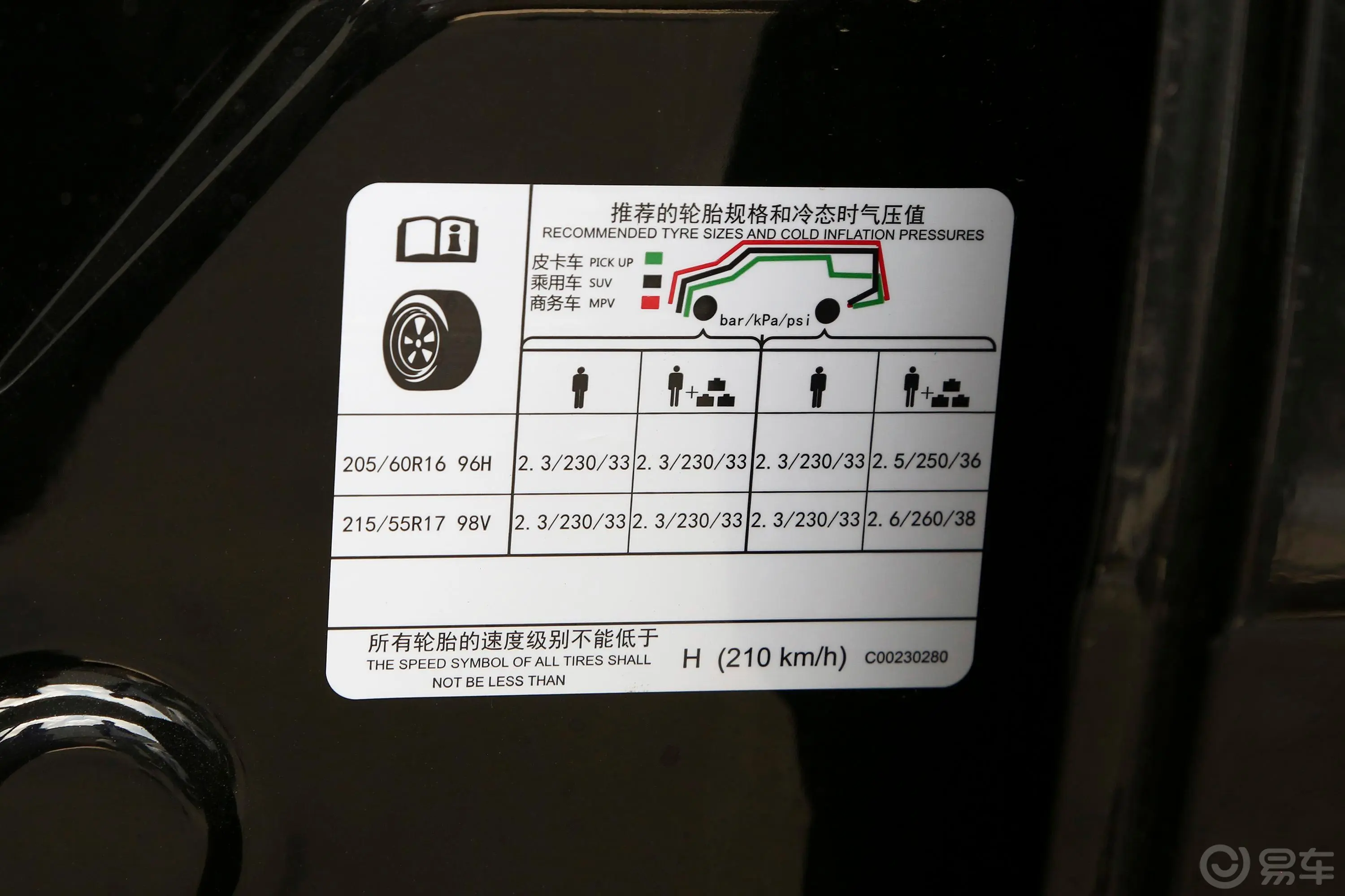 EUNIQ 5 插电混动尊享版胎压信息铭牌