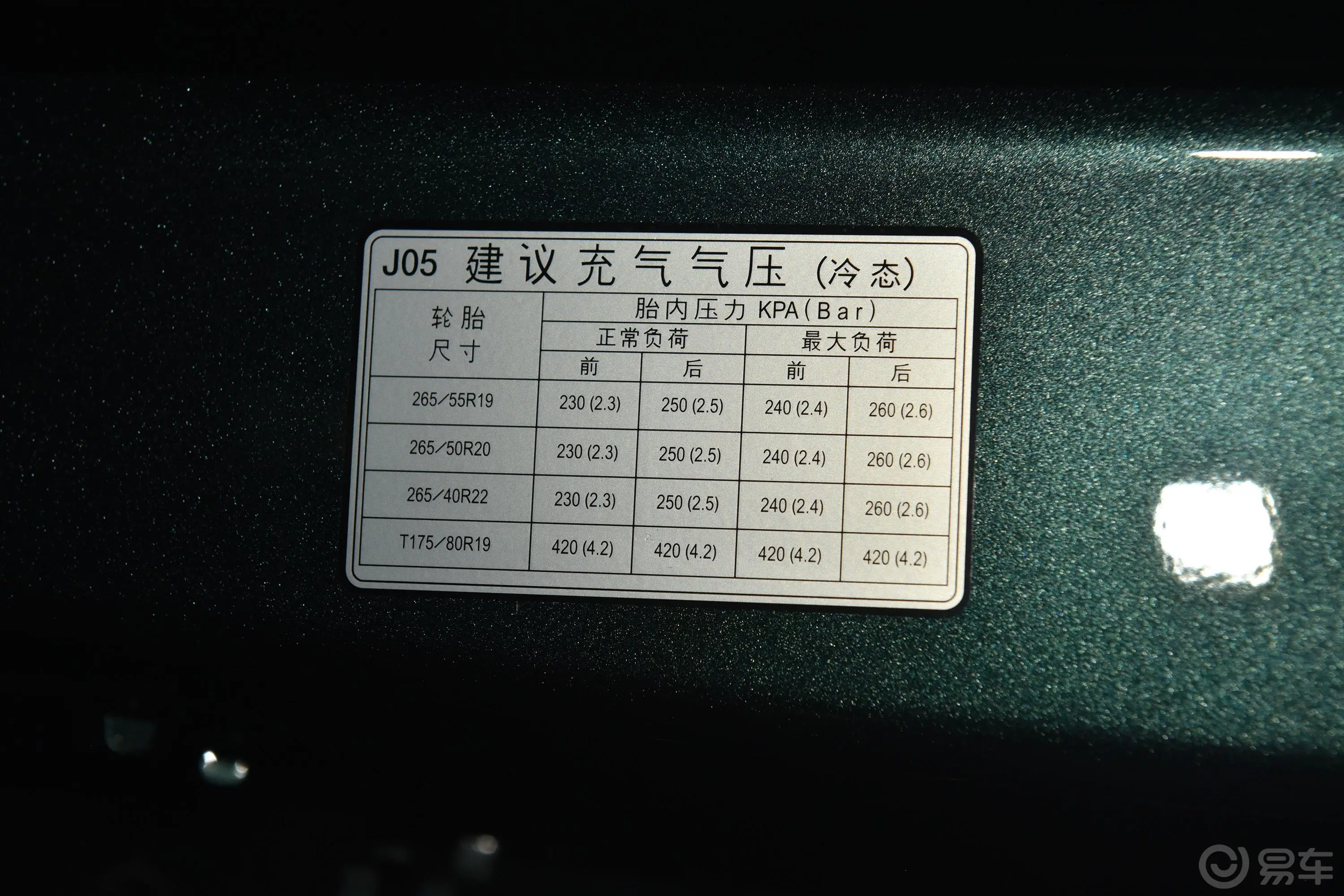 捷尼赛思GV802.5T 豪华版 5座胎压信息铭牌