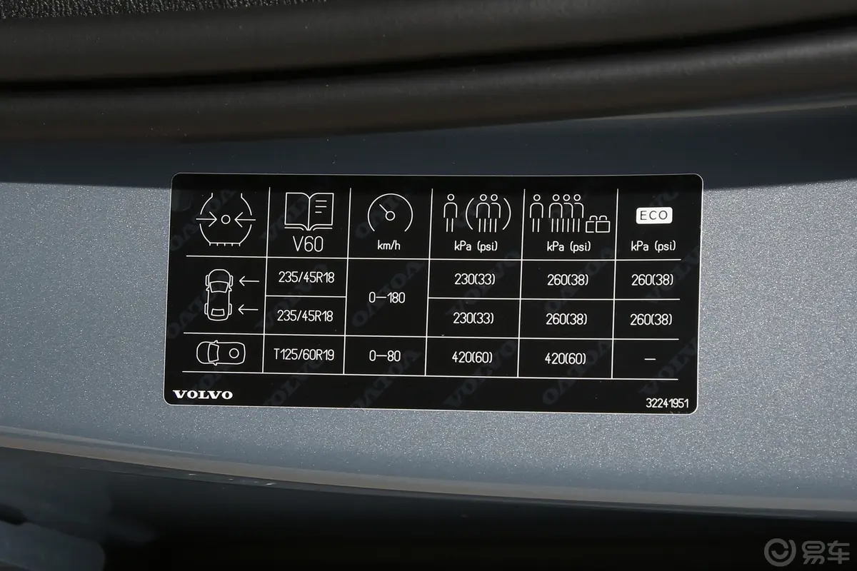沃尔沃V60B5 自动智远运动版胎压信息铭牌