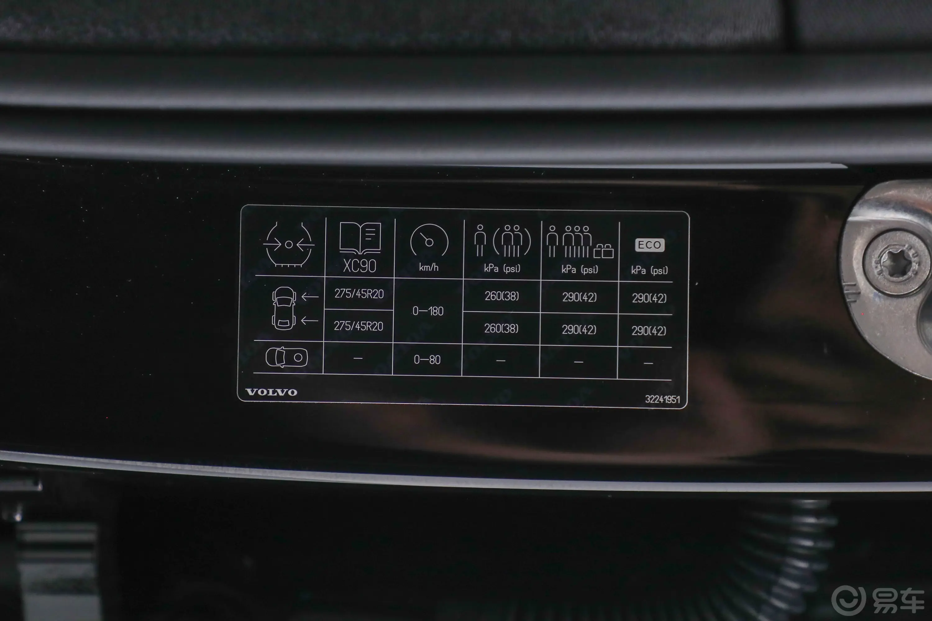 沃尔沃XC90新能源T8 62km 长续航智尊豪华版胎压信息铭牌