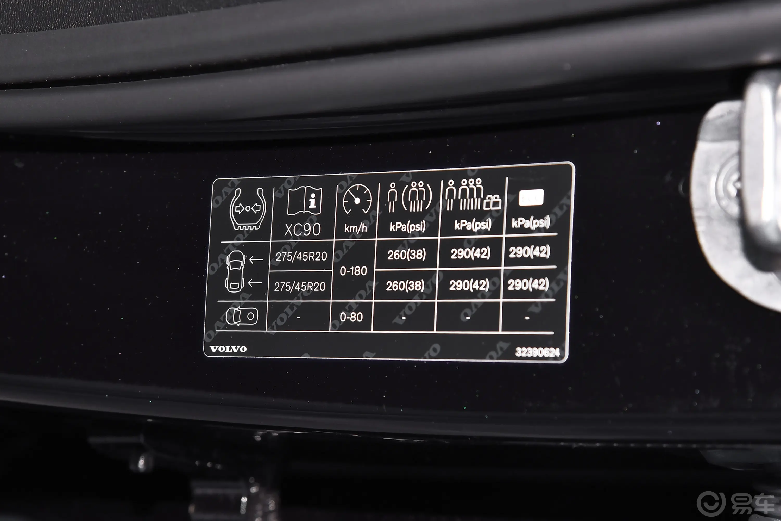 沃尔沃XC90 插电混动2.0T 62km 长续航智尊豪华版胎压信息铭牌