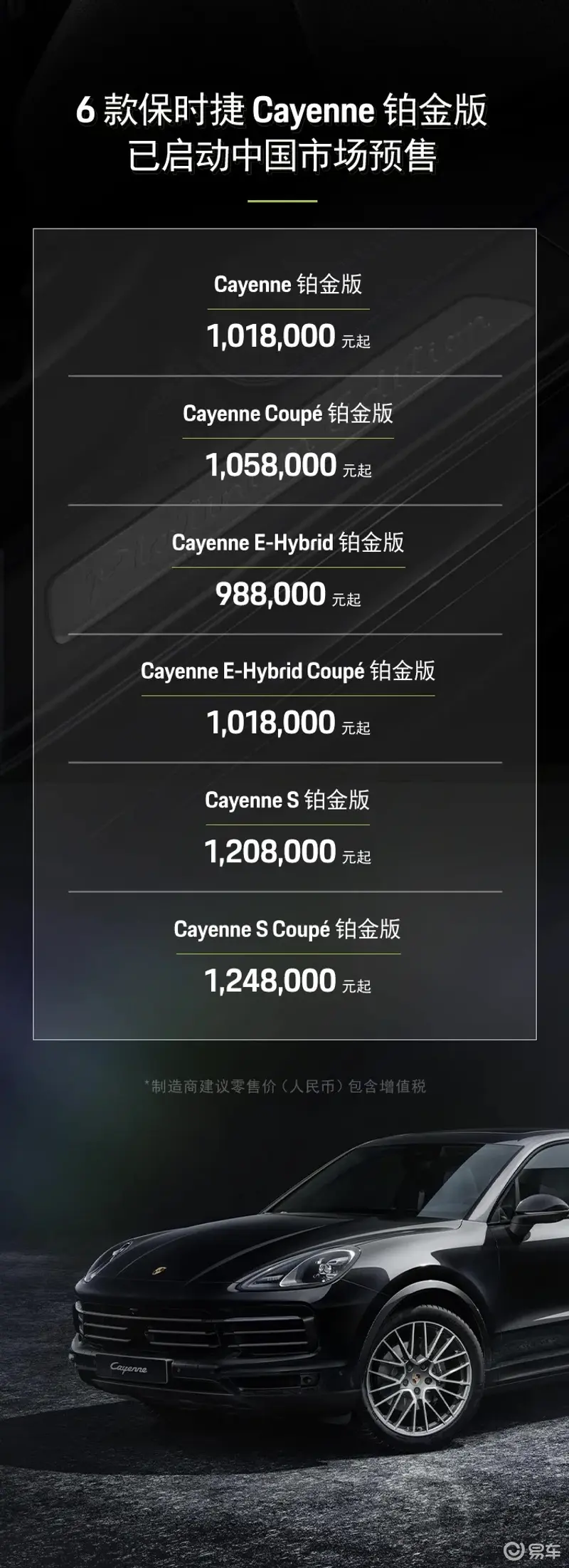 配置有所提升，保时捷Cayenne铂金版售价公布就有98.8~124.8万元