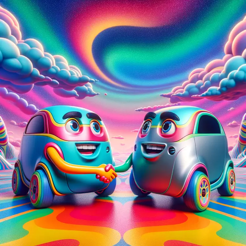 DALL·E 2024-01-03 19.24.30 - two Geely Boyue cars with faces and cartoonish limbs, shaking hands in a colorful, psychedelic environment with a dreamy sky
