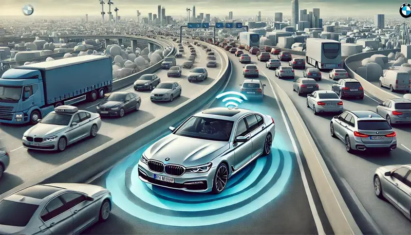 DALL·E 2024-06-28 13.30.41 - An illustration of a BMW 7 Series in a highway traffic jam, demonstrating the Level 3 autonomous system taking full control under congested conditions