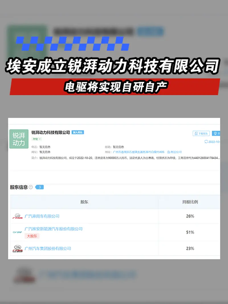 埃安成立锐湃动力科技有限公司 电驱将实现自研自产