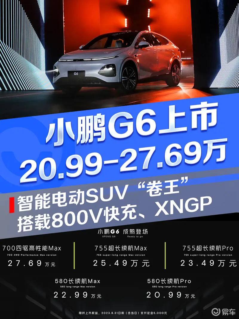 25万级智能电动SUV“卷王” 小鹏G6上市 搭载800V快充、XNGP