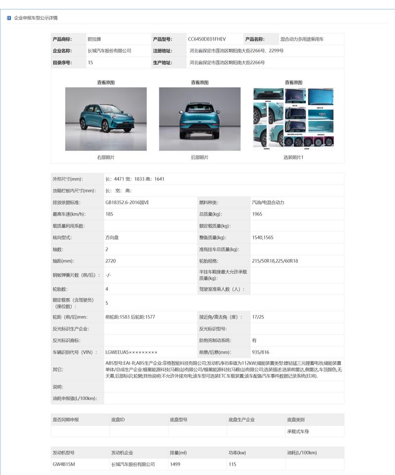 长城欧拉5燃油版和混动版申报图 将搭载1.5T发动机